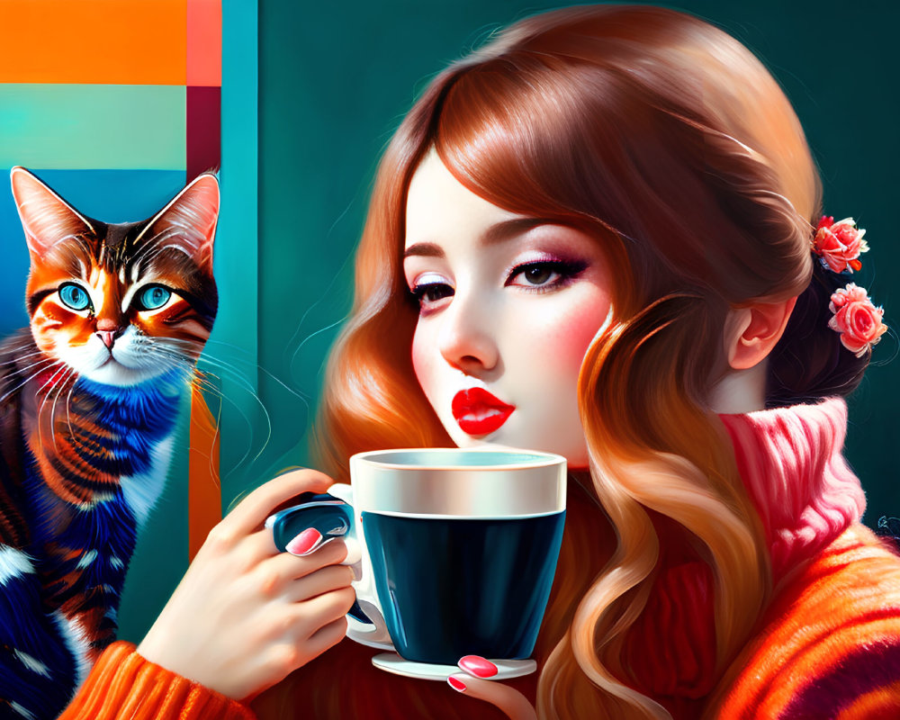 Colorful illustration of woman with flowing hair and cat holding coffee cup