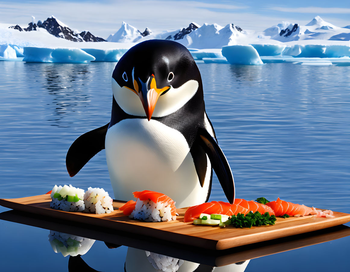 Penguin with Sushi on Wooden Tray in Icy Waters