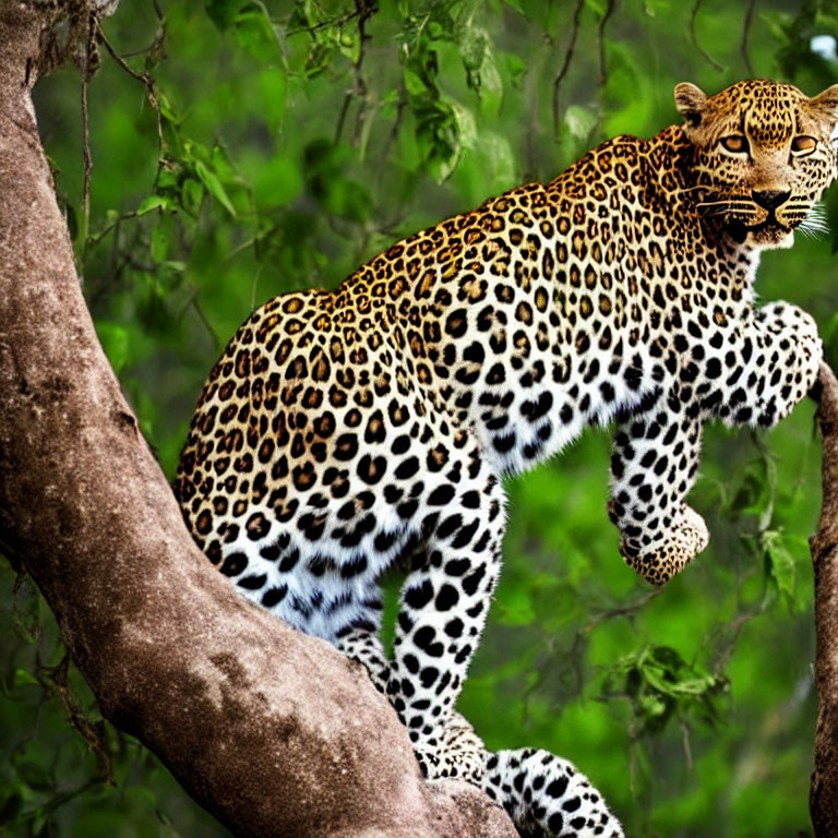 Leopard, high on a tree in the jungle