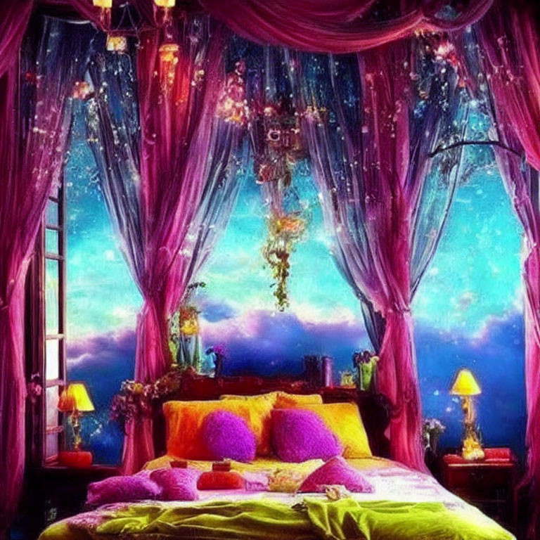 Colorful bedroom decor with purple drapes, starry sky view, vibrant cushions, and hanging lights