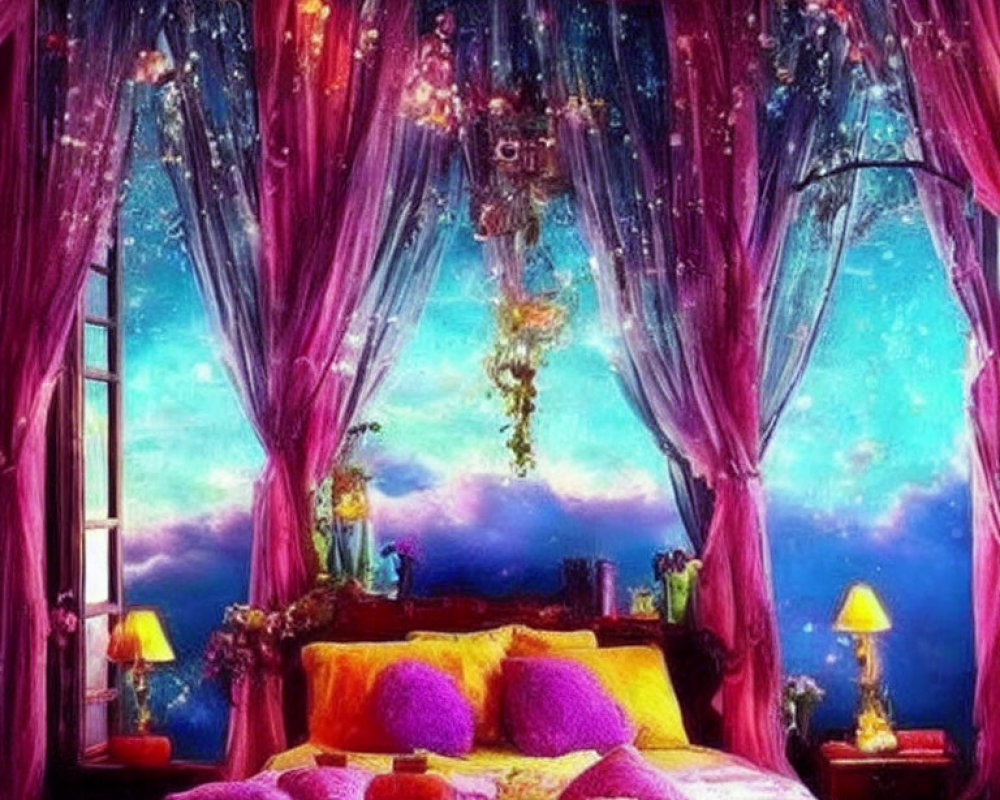 Colorful bedroom decor with purple drapes, starry sky view, vibrant cushions, and hanging lights
