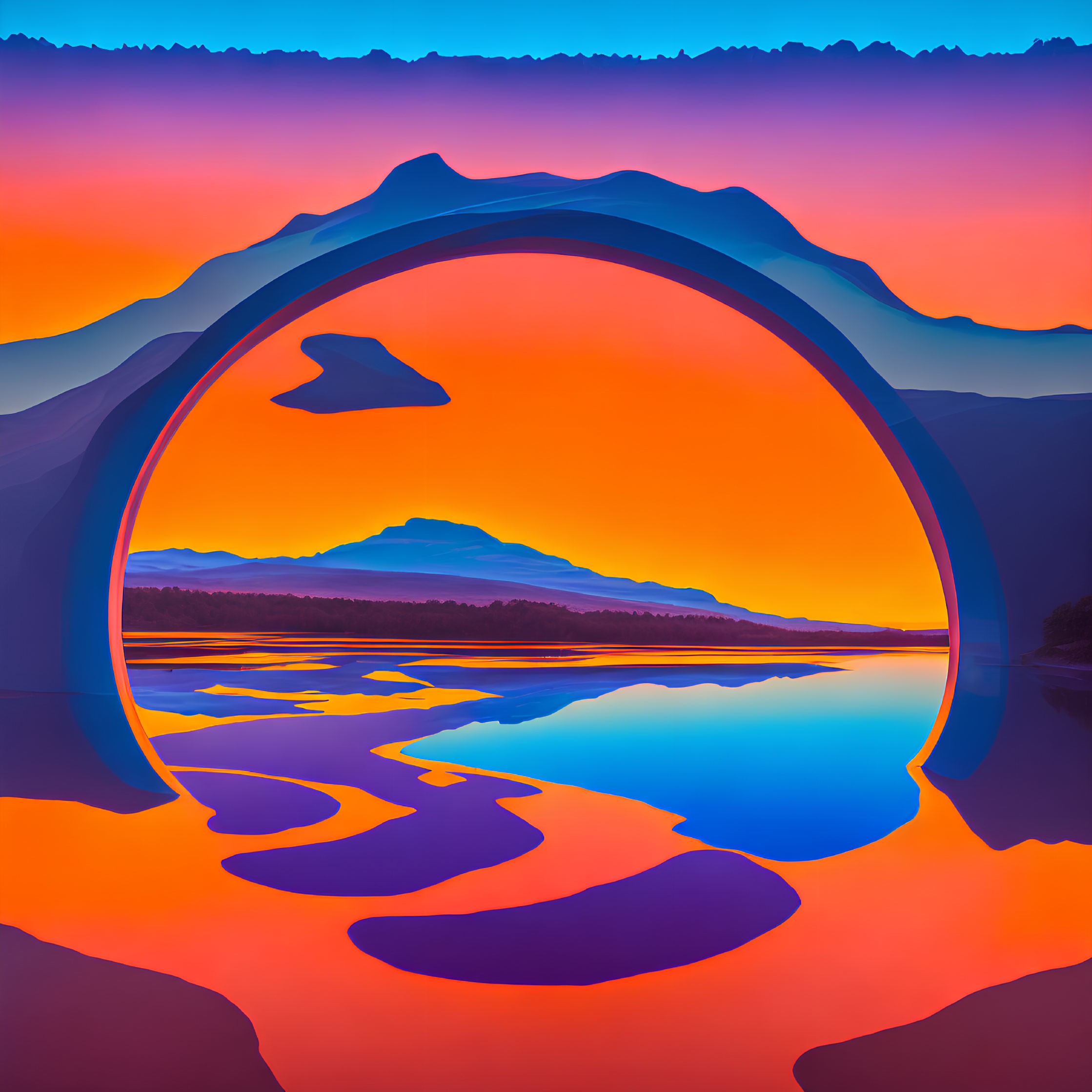 Digital sunset illustration with dolphin silhouette and mountain landscape reflected in water