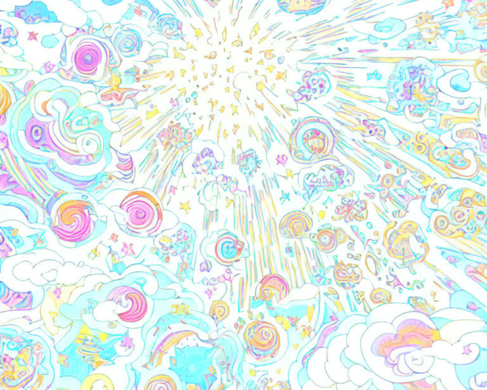 Pastel-colored explosion with swirling patterns and abstract shapes