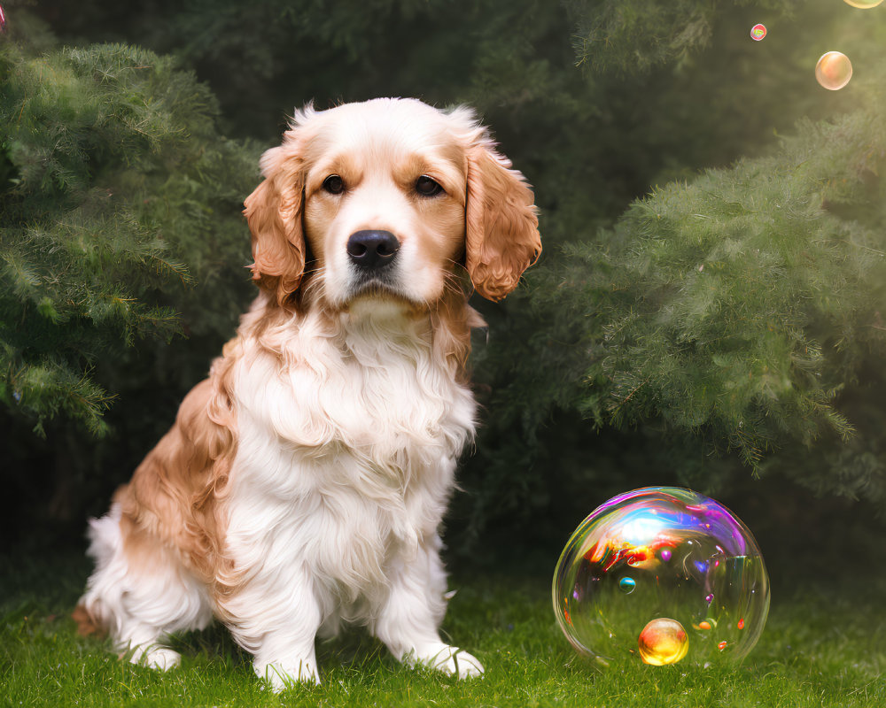 Fluffy Tan and White Cocker Spaniel Sitting by Bubble on Grass