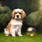 Fluffy Tan and White Cocker Spaniel Sitting by Bubble on Grass