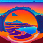 Digital sunset illustration with dolphin silhouette and mountain landscape reflected in water