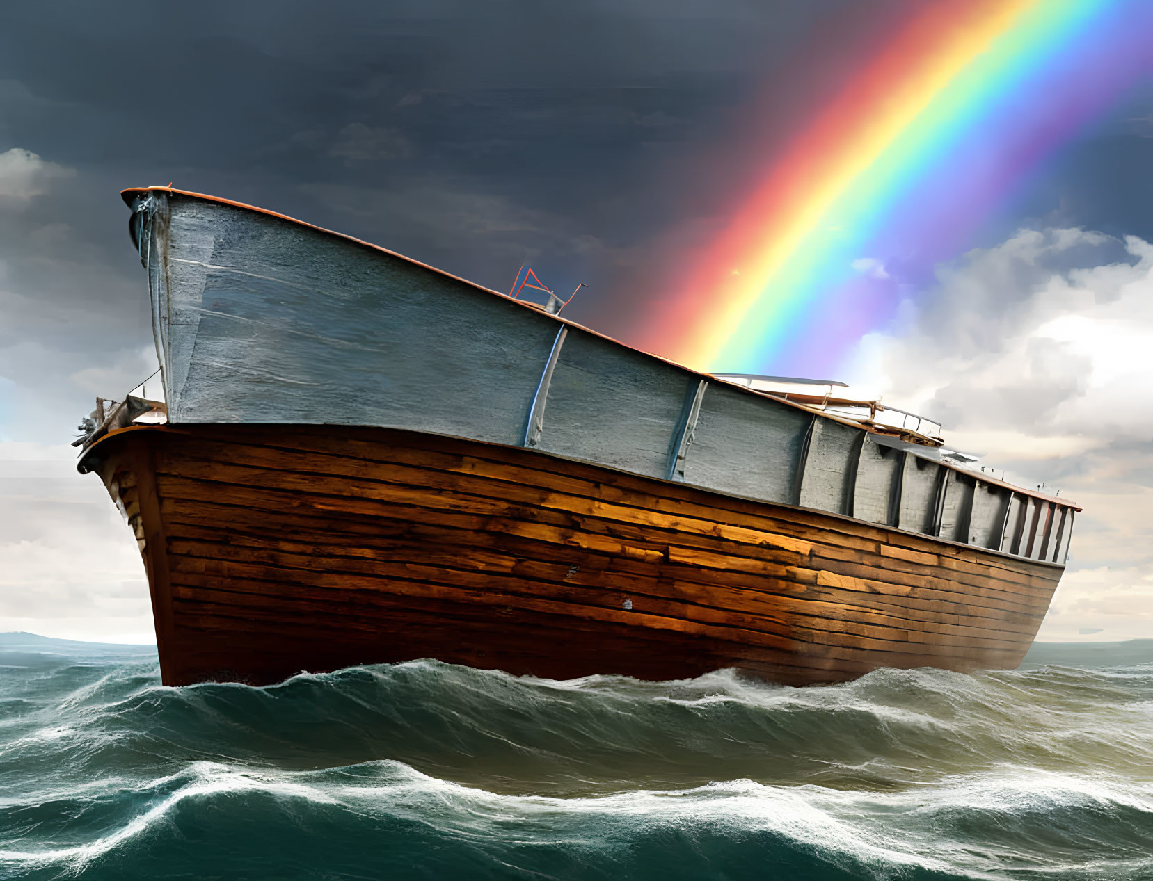 Wooden boat on choppy seas with vivid rainbow under stormy sky