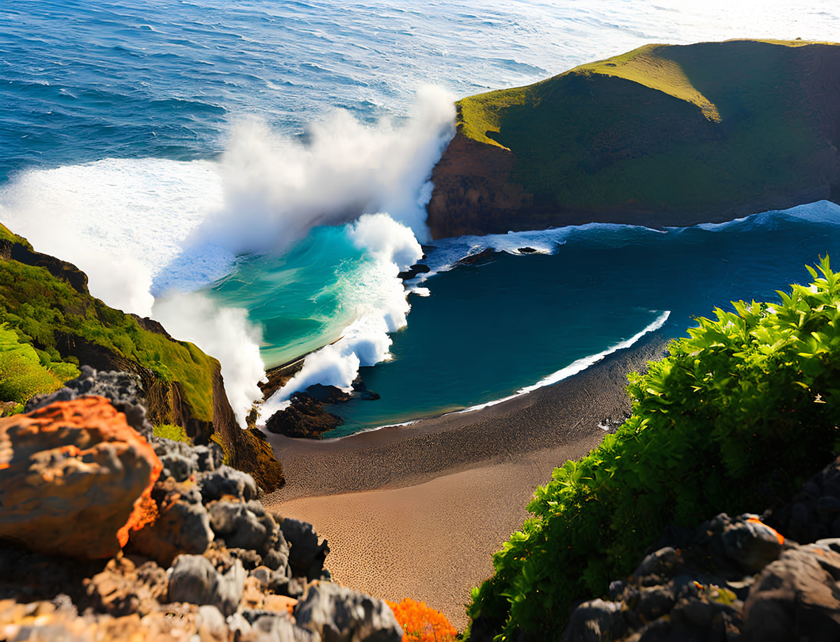Aerial view of large wave crashing on secluded beach with cliffs and greenery