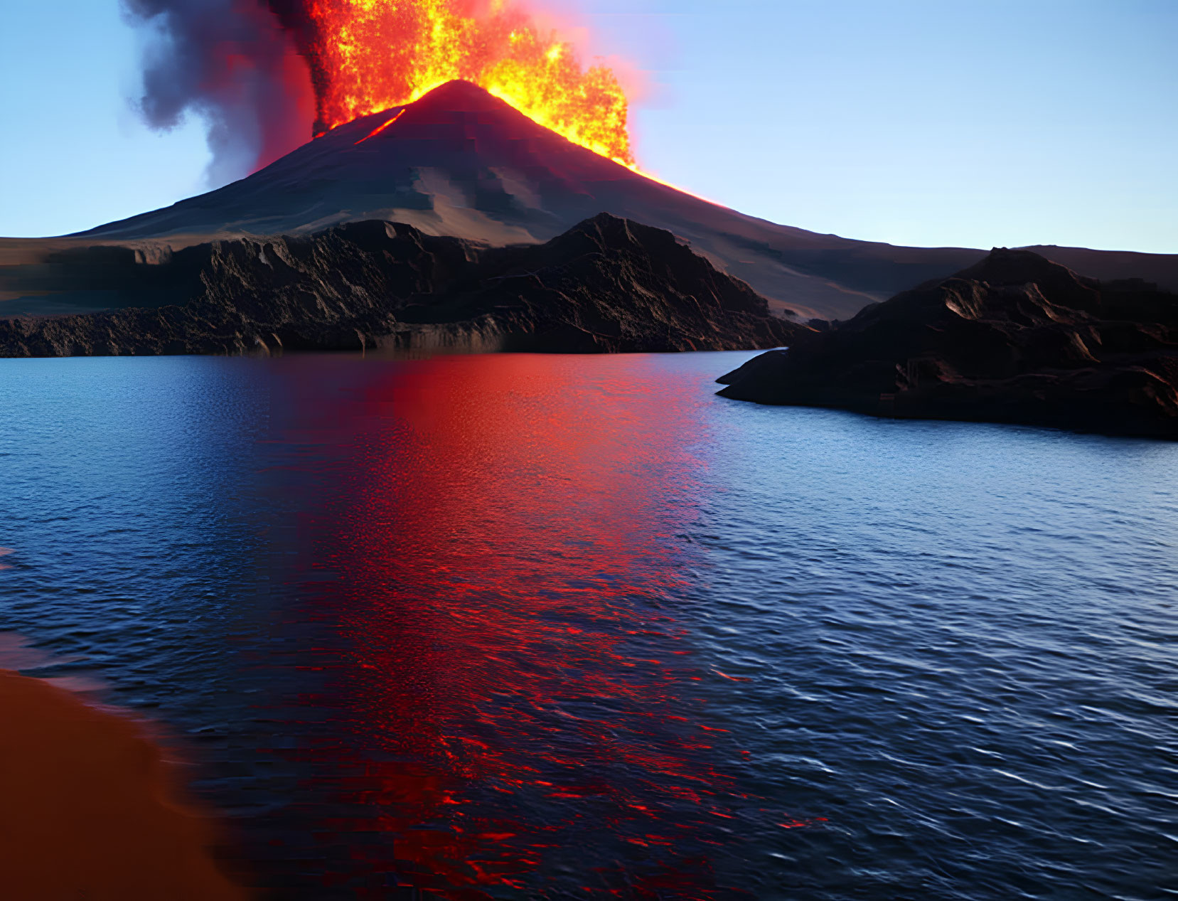 Twilight volcanic eruption with lava flowing into water