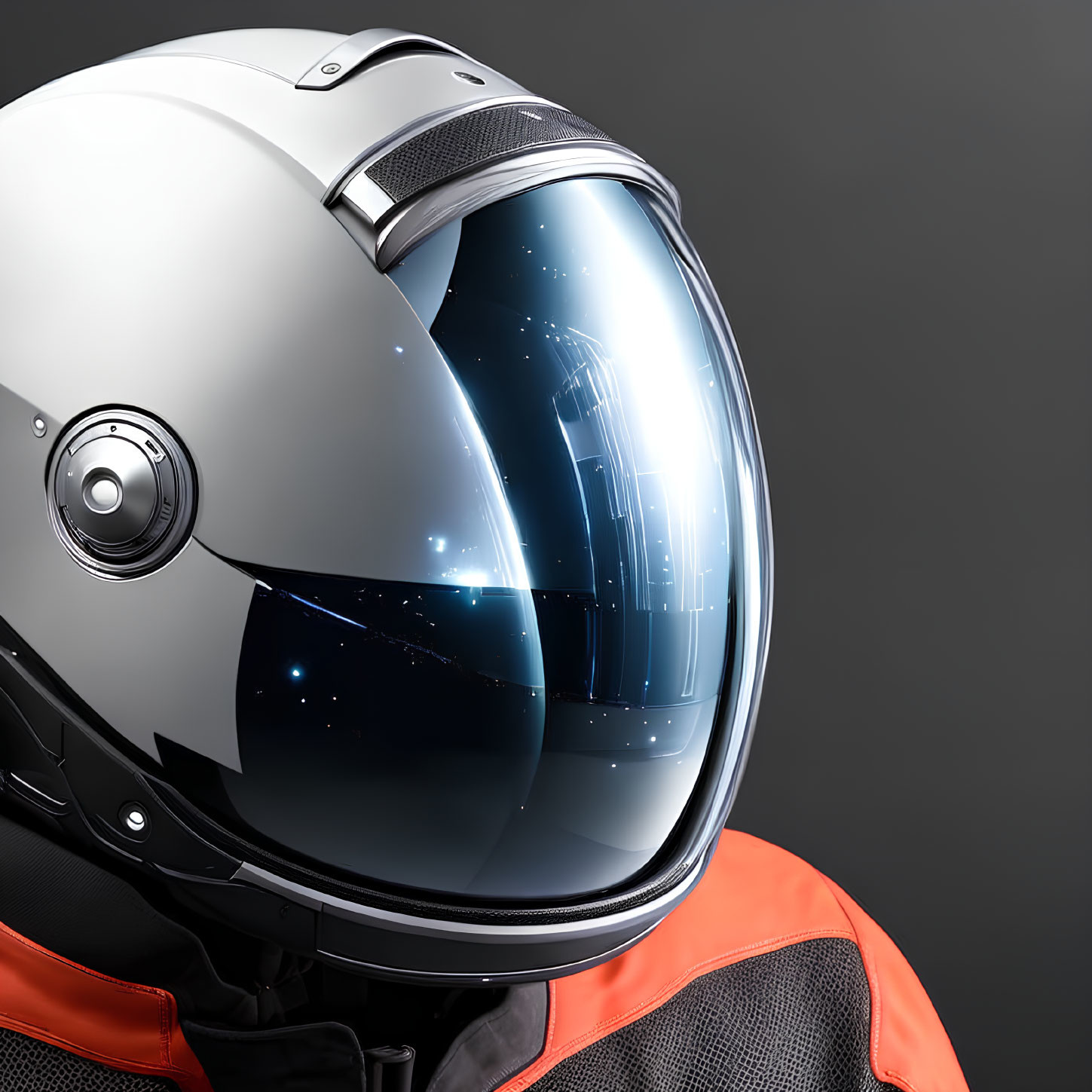 Reflective visor white motorcycle helmet on mannequin in orange and black jacket