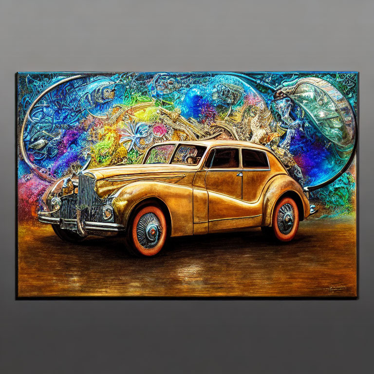 Colorful Abstract Painting: Vintage Car with Fish and Cosmic Motifs