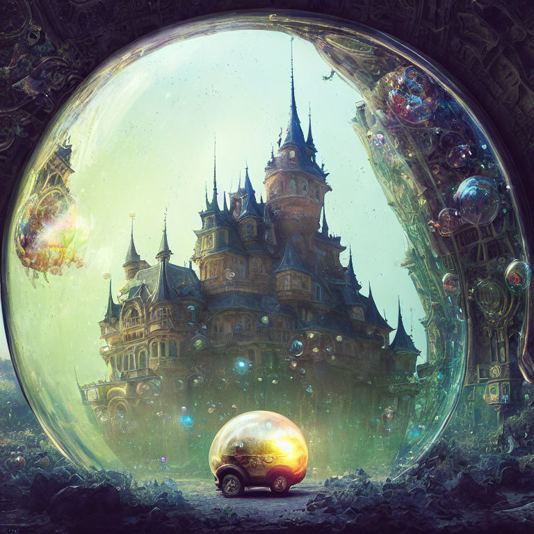 Fantastical castle in bubble with floating orbs and vehicle in dreamy setting