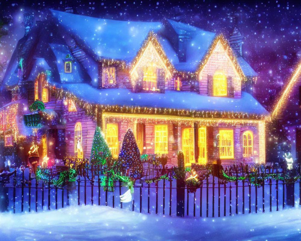Colorful Christmas Lights Illuminate Festive House at Night