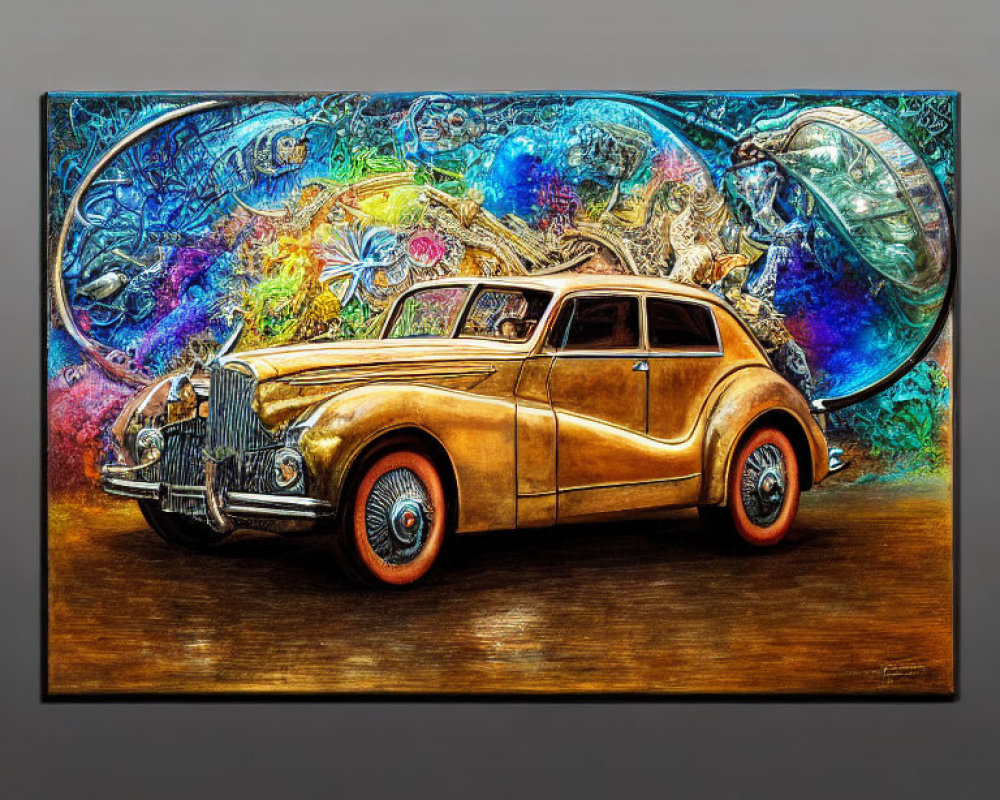 Colorful Abstract Painting: Vintage Car with Fish and Cosmic Motifs