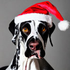 Large Great Dane Dog in Santa Hat with Orange Eyes on Grey Background