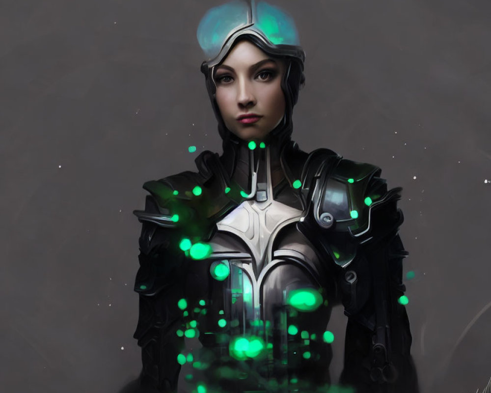Futuristic armor woman portrait with green lights and sleek helmet