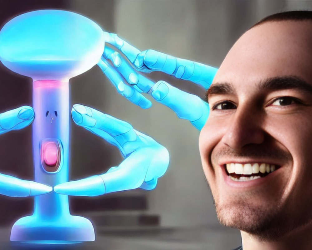 Illustration of smiling man's face and futuristic robotic arms holding glowing device