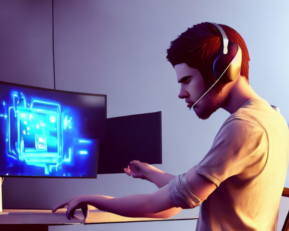 Person at desk with glowing blue graphics on computer screen, wearing headset.