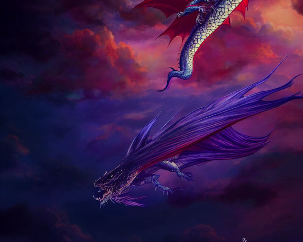 Red-winged dragon with purple tail in dramatic sky.