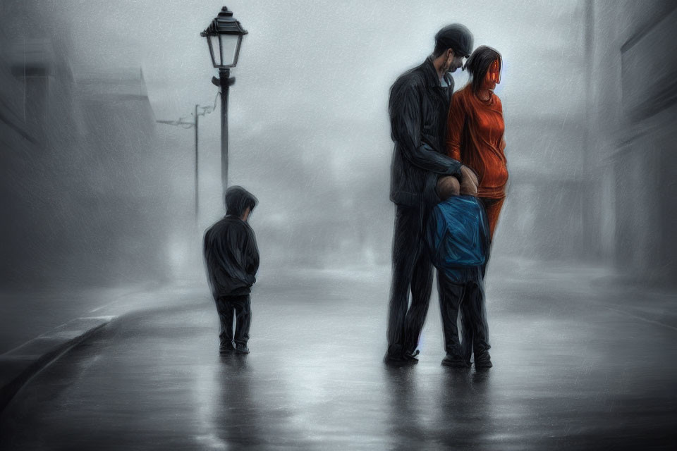 Family of three walking in rain on misty, lamp-lit street