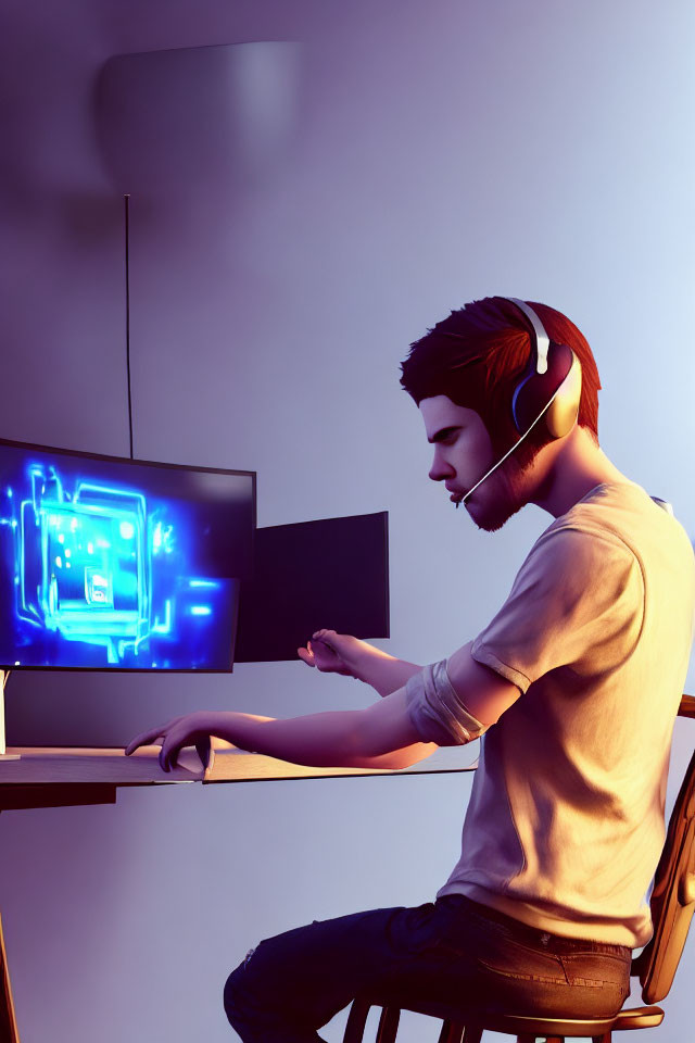 Person at desk with glowing blue graphics on computer screen, wearing headset.