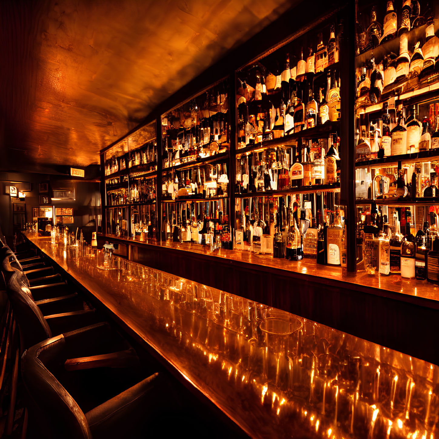 Inviting upscale bar with backlit shelves and wooden counter