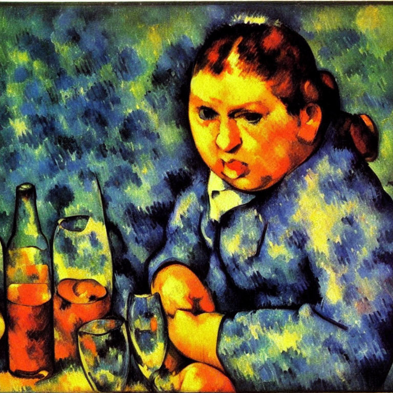 Colorful Impressionist Painting of Seated Figure with Bottles and Glasses