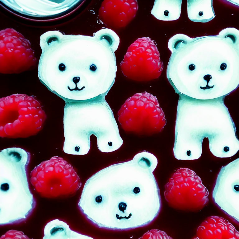 Bear-shaped Jelly Candies with Fresh Raspberries on Dark Red Background