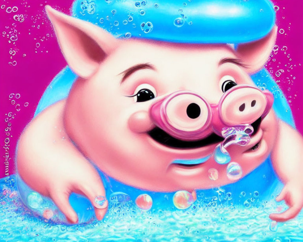 Blue swimming cap pig blowing bubbles underwater against pink backdrop