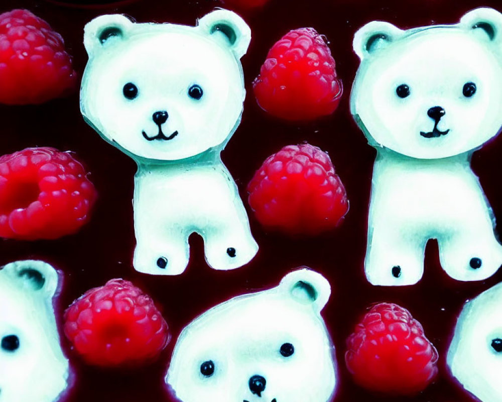Bear-shaped Jelly Candies with Fresh Raspberries on Dark Red Background