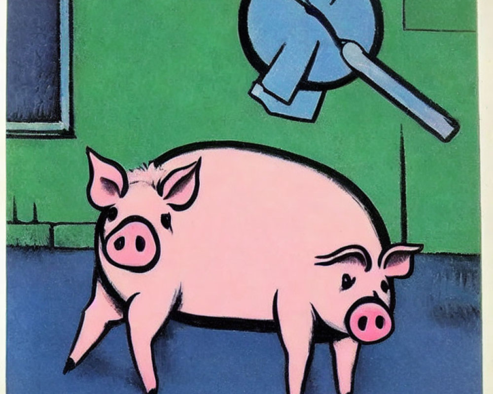Pink pig with smaller pig on side in front of green background with blue floor and satellite dish
