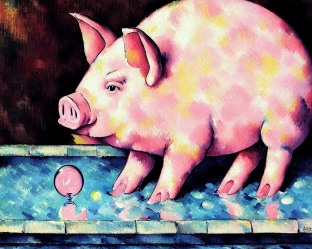 Surrealistic painting of pink pig near water with small figure