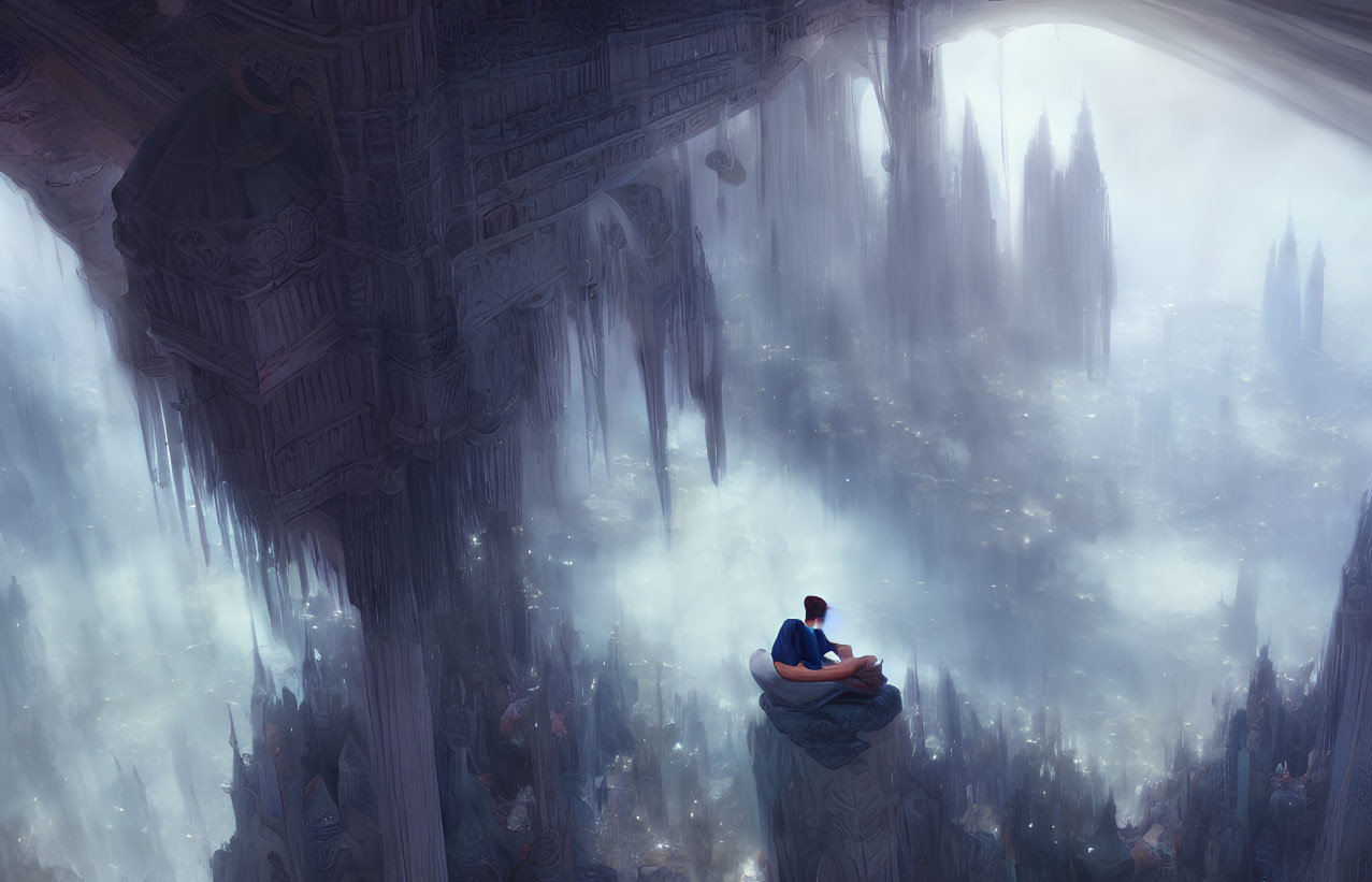 Person sitting on ledge in misty otherworldly environment with towering spires and ancient structures.