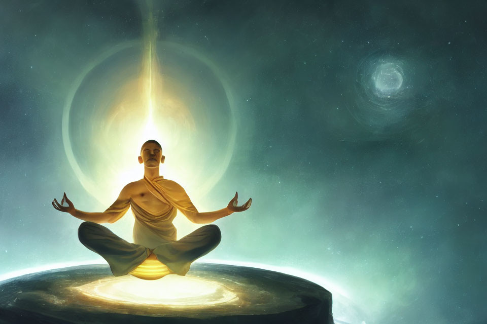 Person Meditating in Lotus Position on Stone Platform with Cosmic Galaxy and Nebula Background