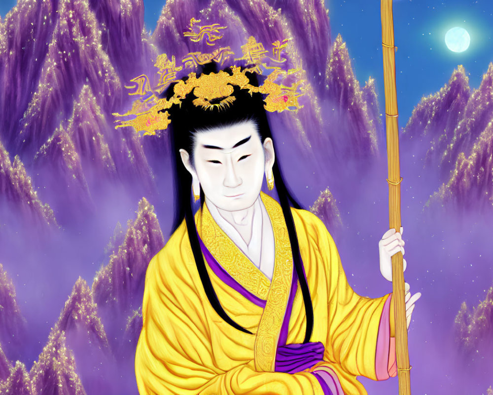 Illustrated figure in yellow garb with staff under starlit sky