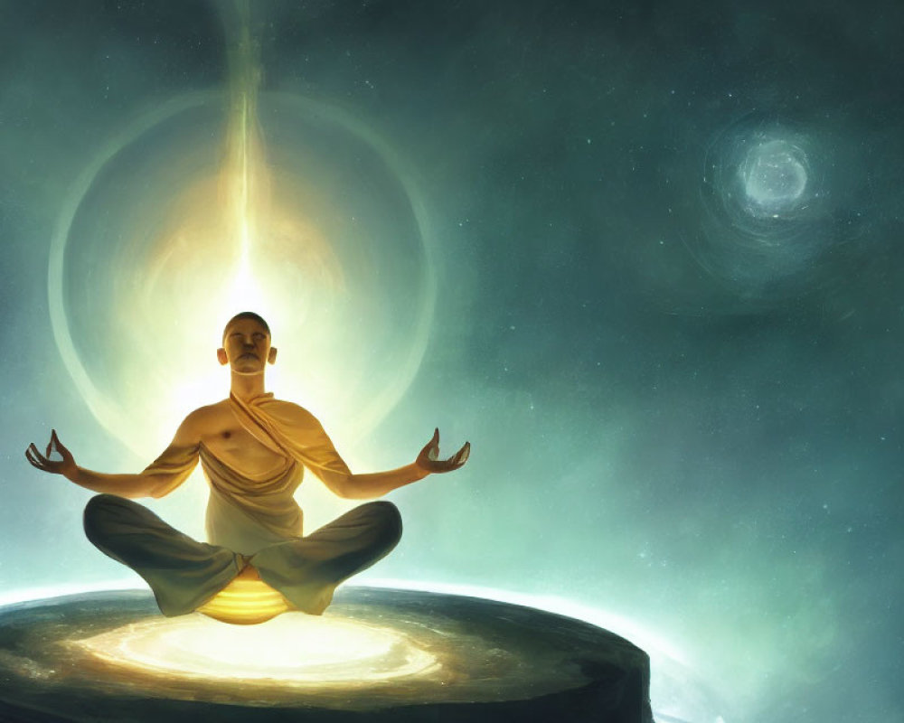 Person Meditating in Lotus Position on Stone Platform with Cosmic Galaxy and Nebula Background
