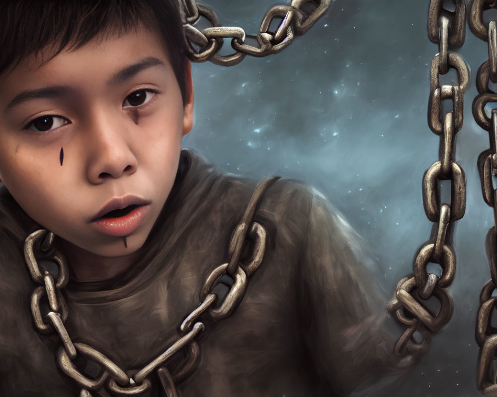 Solemn boy with tear and heavy chains in starry backdrop