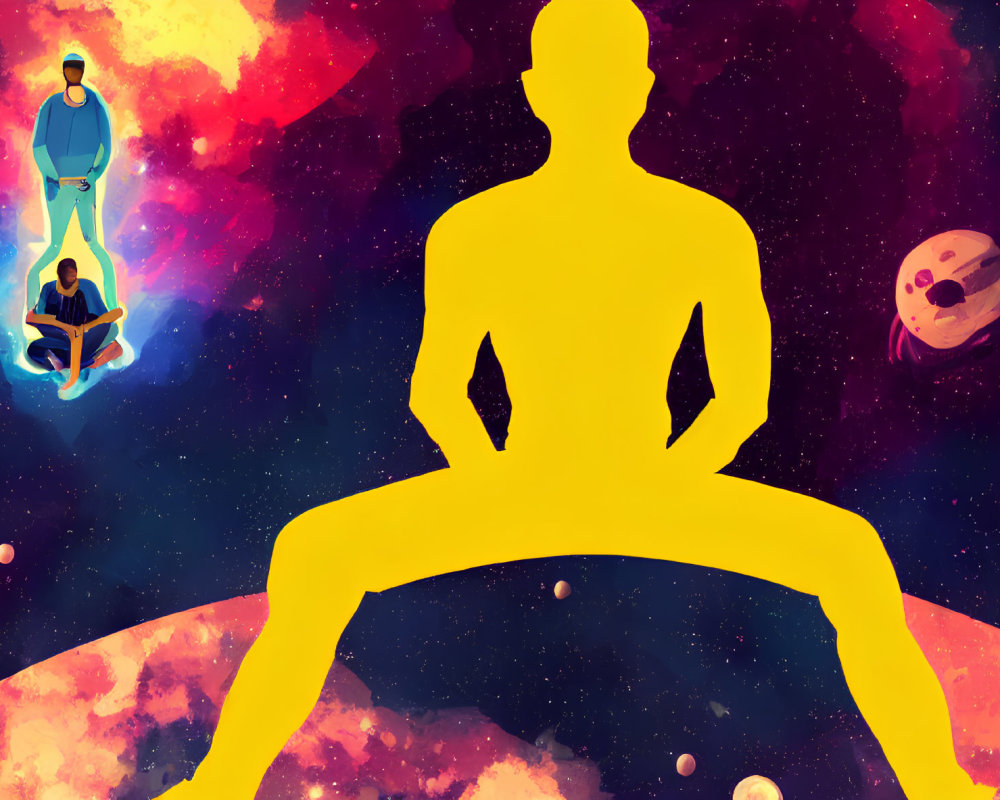 Colorful cosmic illustration with meditating figure in lotus position amidst floating human figures in starry space