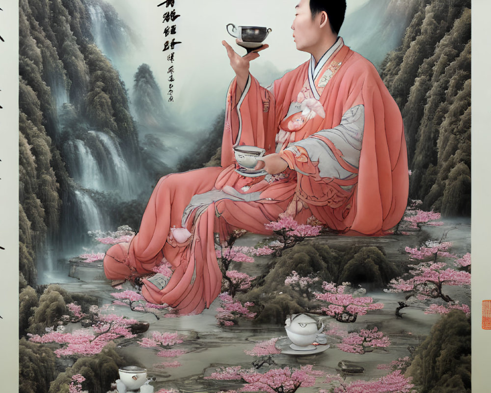 Traditional Attire Figure by River with Teapots and Cherry Blossoms