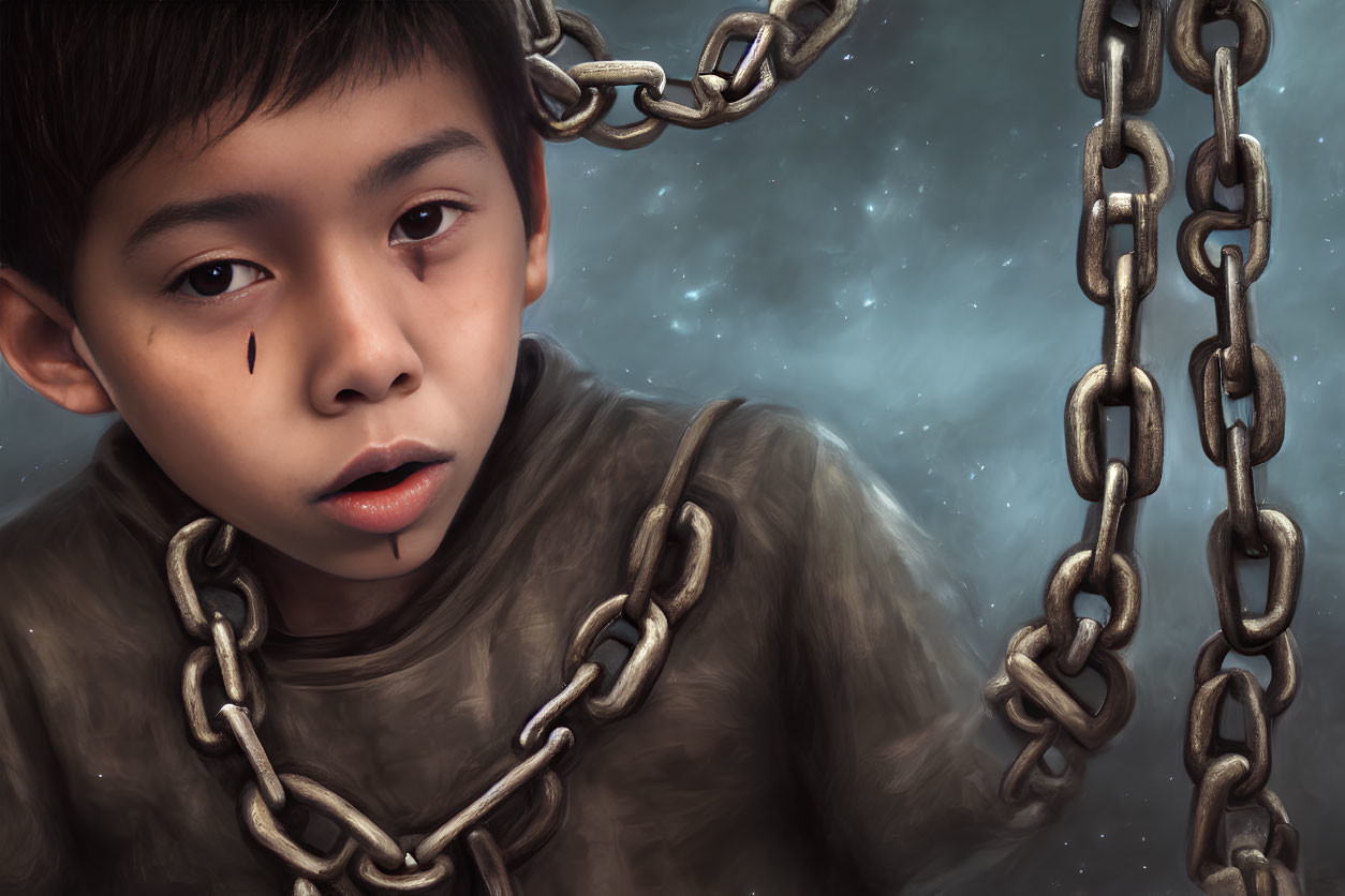 Solemn boy with tear and heavy chains in starry backdrop