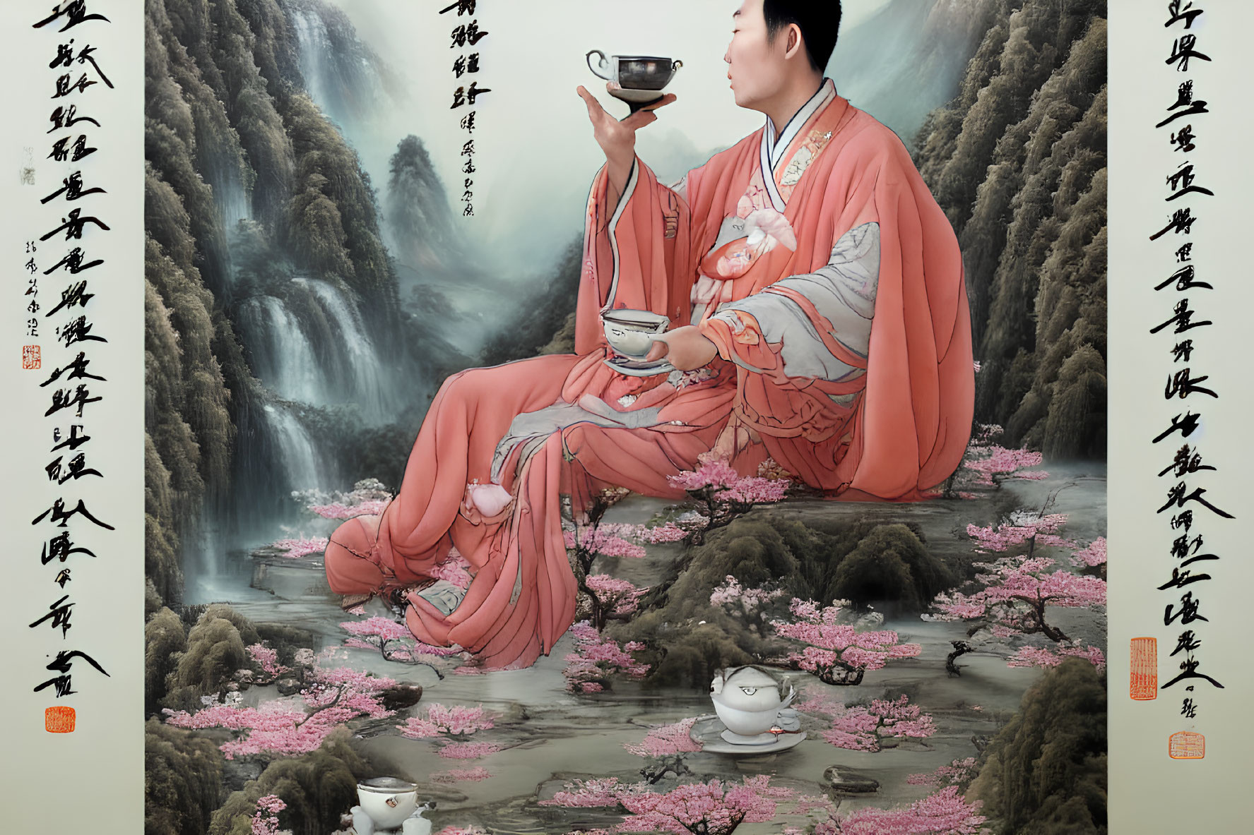 Traditional Attire Figure by River with Teapots and Cherry Blossoms