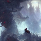 Person sitting on ledge in misty otherworldly environment with towering spires and ancient structures.