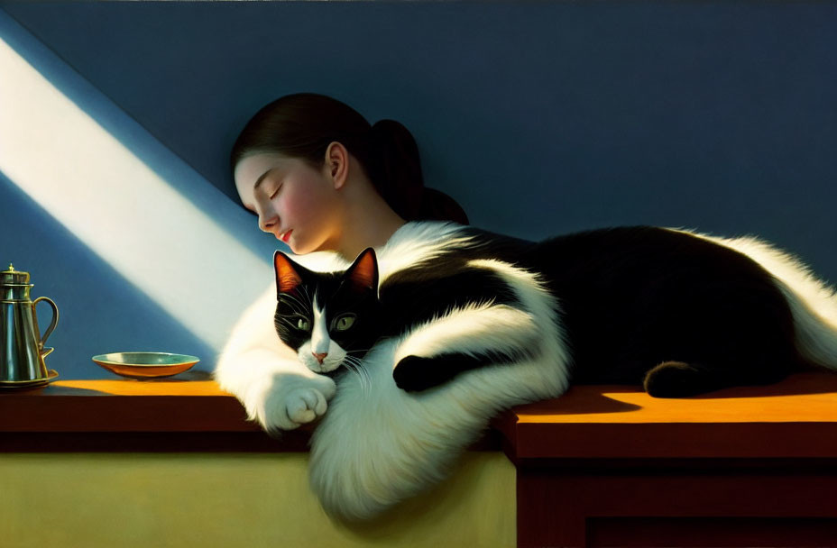 Woman and Black and White Cat Relaxing in Sunlight with Teapot and Cup