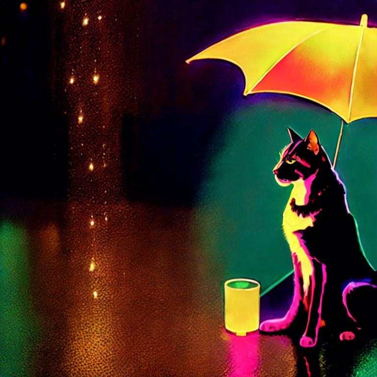 Colorful Cat Under Yellow Umbrella with Glass in Dark Setting