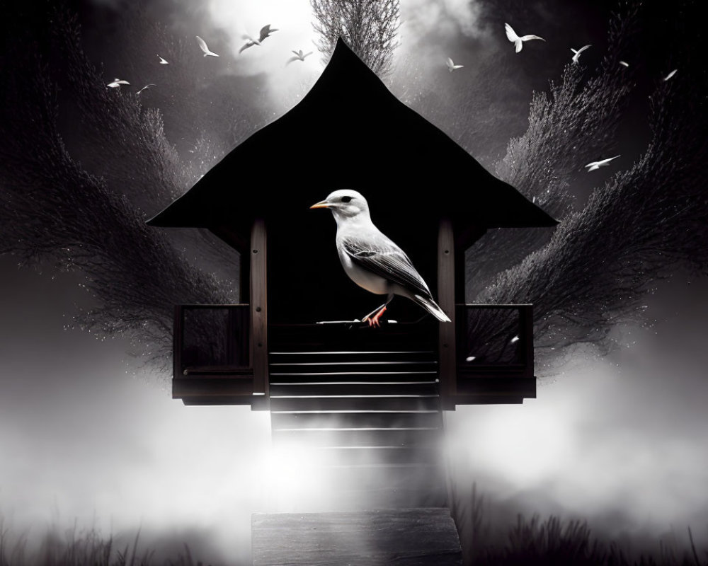Monochrome image of bird on birdhouse in foggy setting