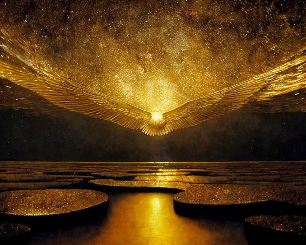 Majestic eagle flying over reflective water under starry night sky