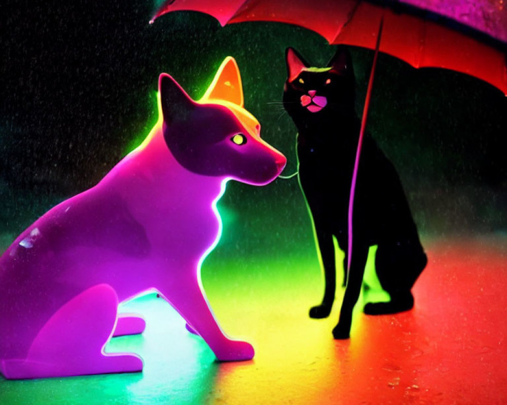 Colorful cats under red umbrella on reflective surface