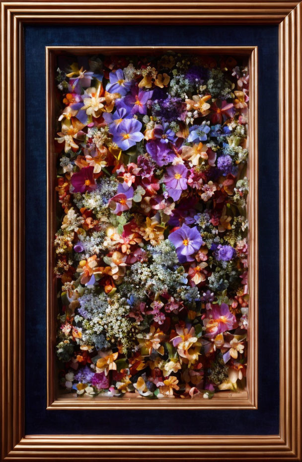 Colorful Flowers Arranged in Vertical Dark Blue Frame with Gold Border