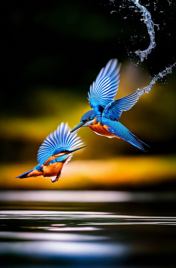 Two kingfishers in mid-flight above water, with one trailing water droplets.