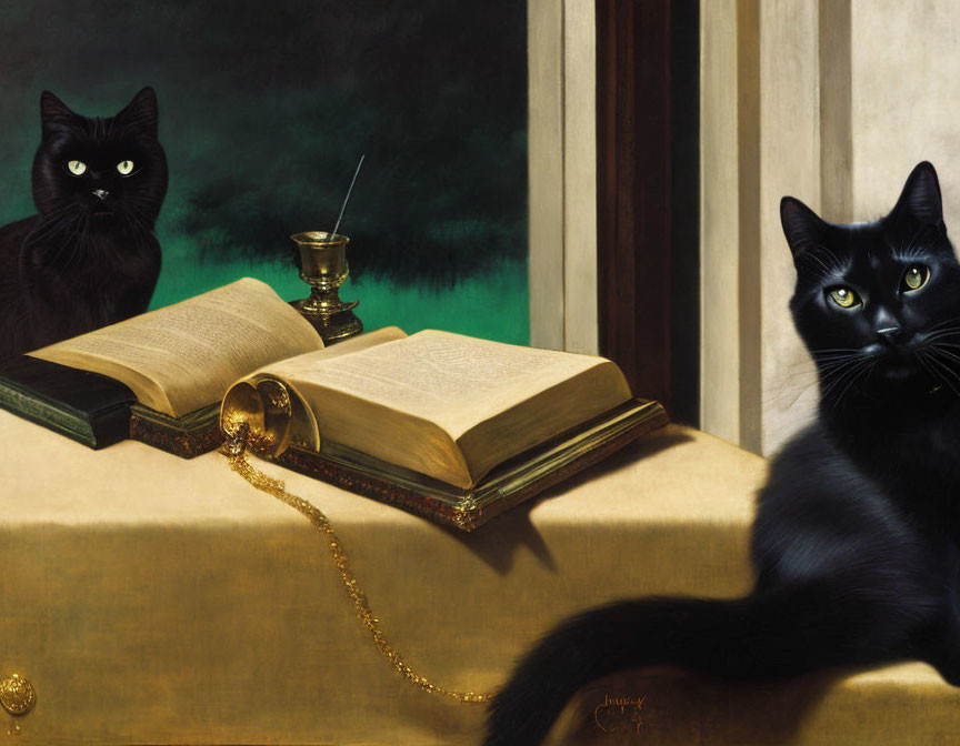 Two Black Cats with Open Book, Gold Chain, Candle Holder on Table